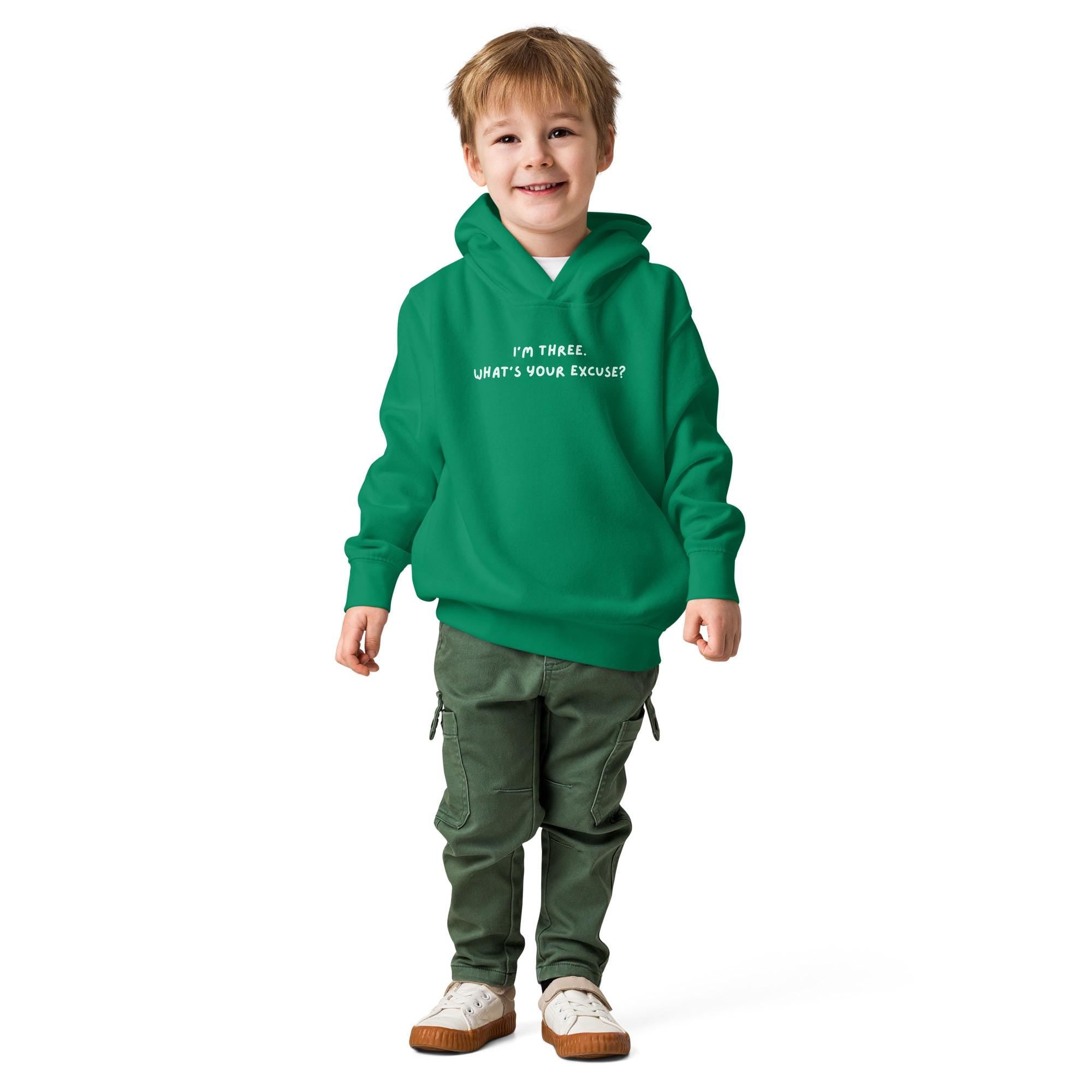 I’m Three What’s Your Excuse | Kids Fleece Pullover Sweatshirt | Funny Toddler Birthday Hoodie | Soft Warm Cozy Hoodie for Boys and Girls