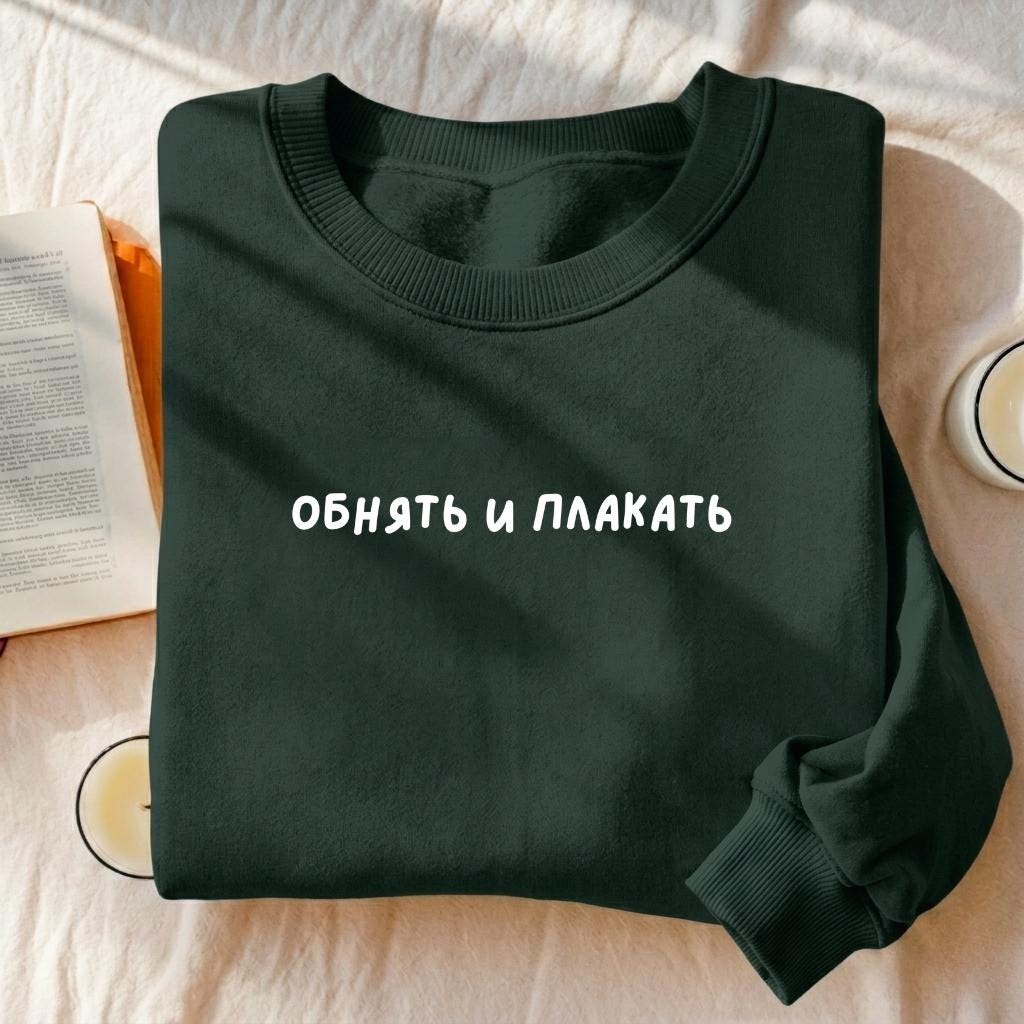 Обнять И Плакать | Heavyweight Sweatshirt | Funny Emotional Quote Crewneck Pullover | Cozy Cotton Sweater | Minimalist Streetwear
