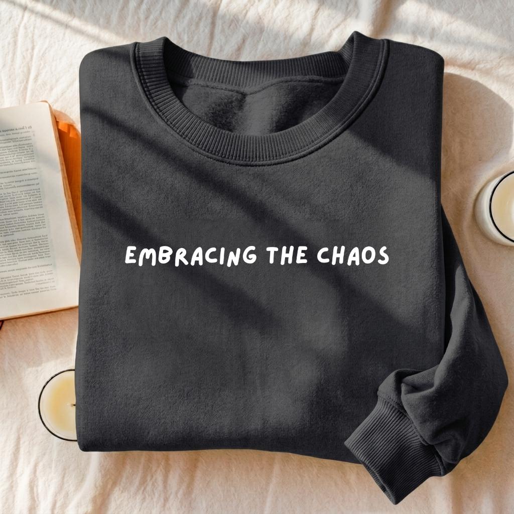 Embracing The Chaos | Essential Heavyweight Crewneck Sweatshirt | Women’s Cozy Cotton Pullover | Minimalist Chaos Quote Streetwear
