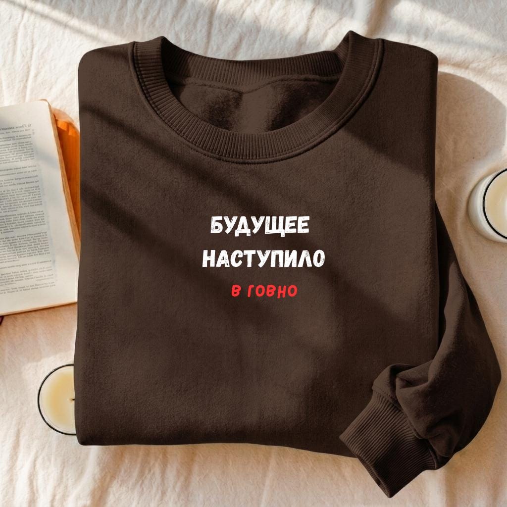 Будущее Наступило В Говно | Cotton Blend Cozy Crewneck Pullover | Funny Russian Meme Quote Sweater | Minimalist Streetwear Sweatshirt