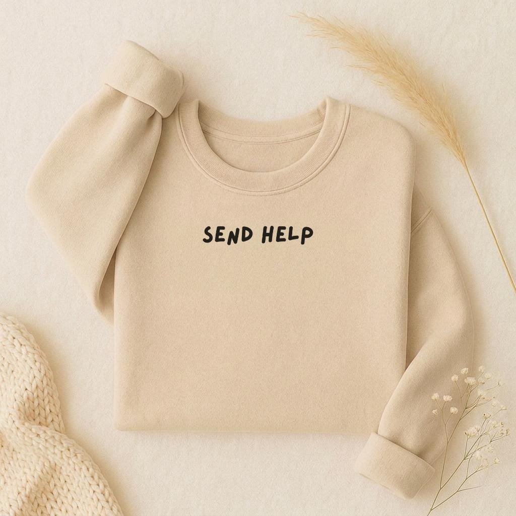 Send Help | Oversized Crewneck Sweatshirt | Loose Fit Pullover Sweater | Minimalist Streetwear | Funny Quote Cozy Women’s Sweatshirt