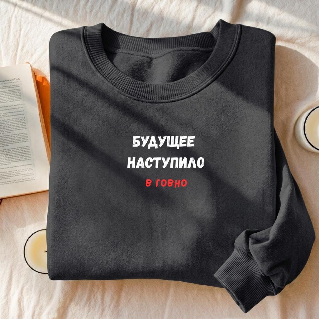 Будущее Наступило В Говно | Cotton Blend Cozy Crewneck Pullover | Funny Russian Meme Quote Sweater | Minimalist Streetwear Sweatshirt