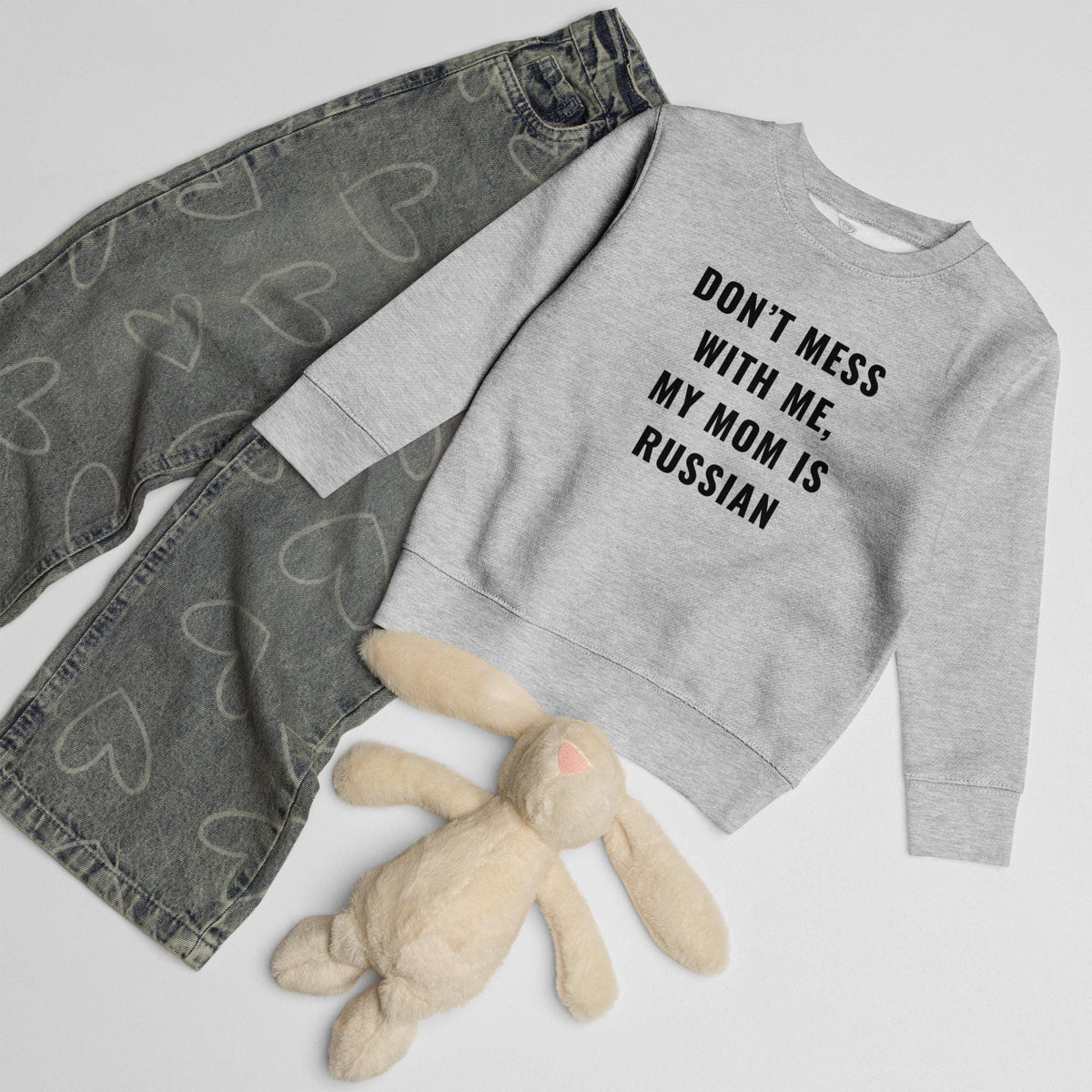 Don’t Mess With Me, My Mom Is Russian | Funny Kids’ Crewneck Sweatshirt | Russian Mom Kids Shirt | Cute Toddler Pullover | Kids Gift