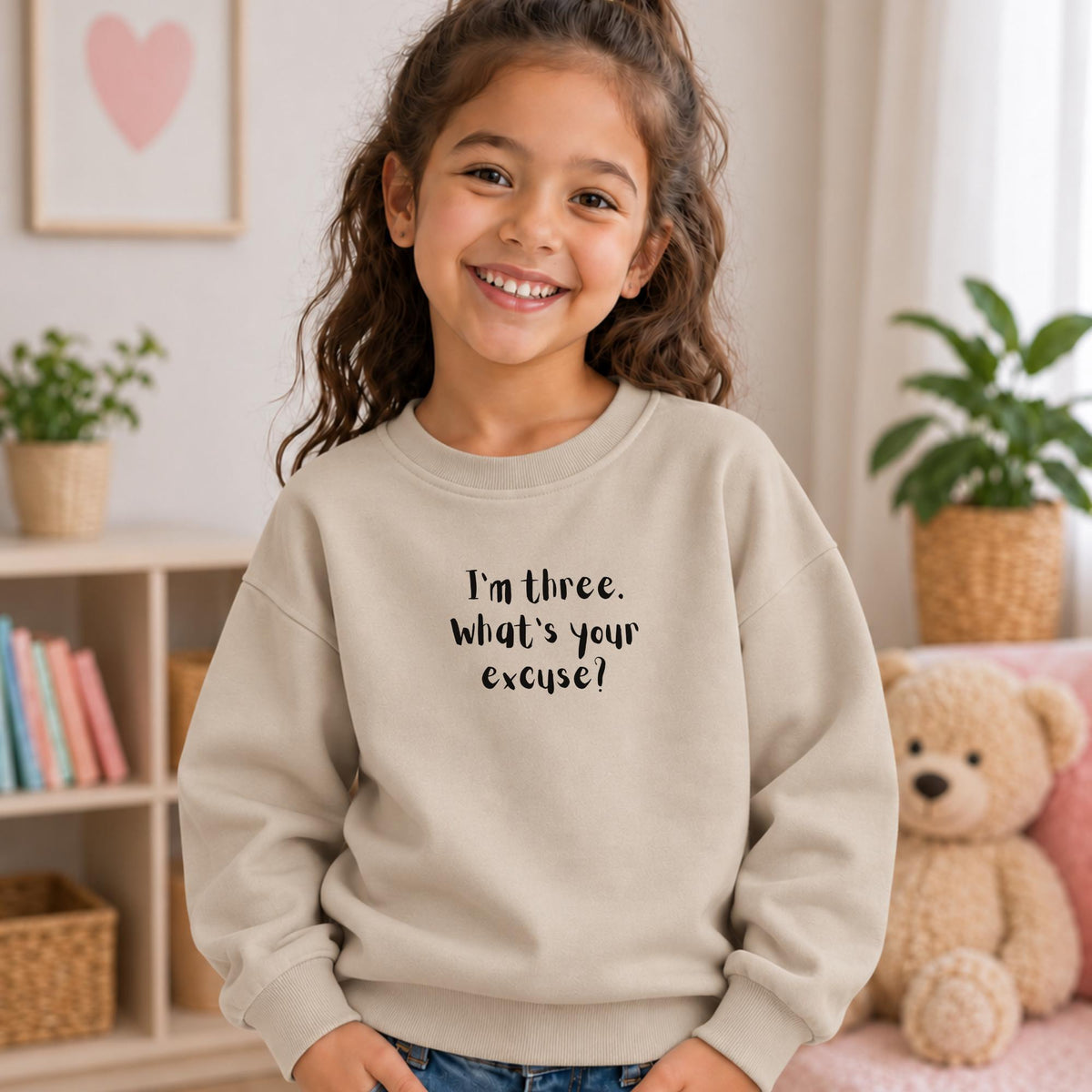 I'm Three. What's Your Excuse, Essential Fleece Kids Sweatshirt, Loose Fit Long Sleeve Crewneck, Funny 3rd Birthday Gift
