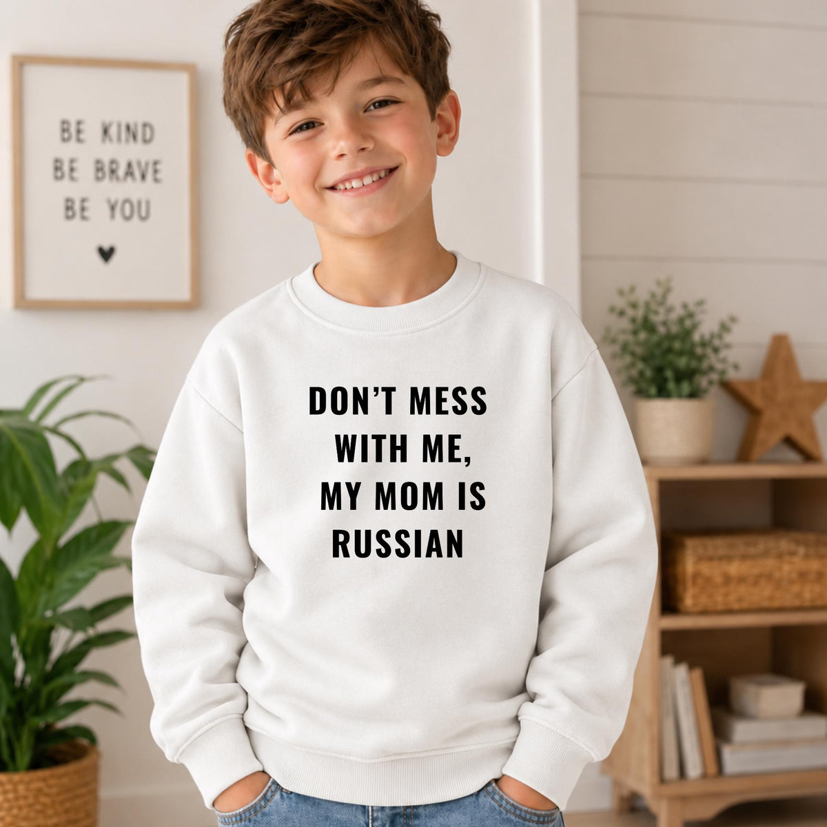 Don't Mess With Me My Mom Is Russian Sweatshirt, Essential Fleece Kids Crewneck, Funny Russian Family Gift, Loose Fit Pullover