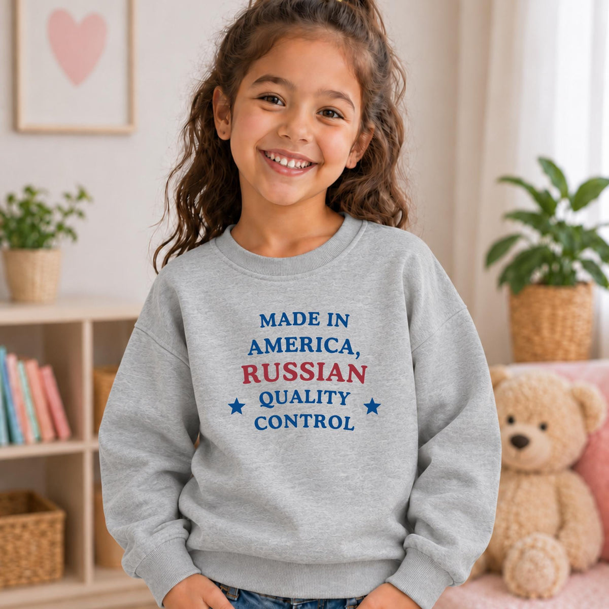 Made in America Russian Quality Control Sweatshirt, Essential Fleece Kids Crewneck, Funny Russian Heritage Gift, Loose Fit Pullover