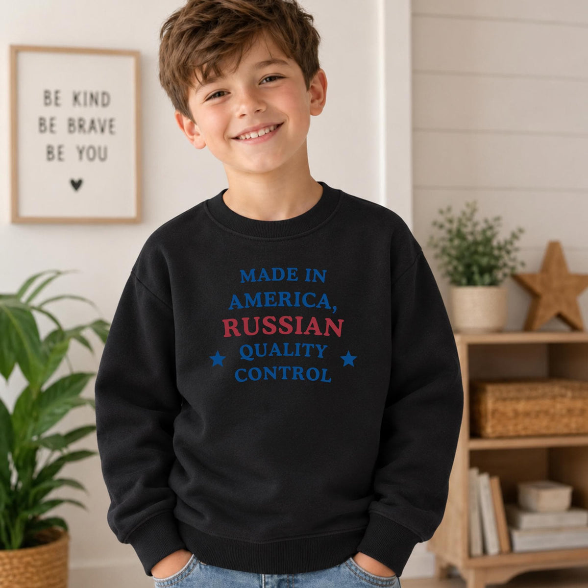 Made in America Russian Quality Control Sweatshirt, Essential Fleece Kids Crewneck, Funny Russian Heritage Gift, Loose Fit Pullover