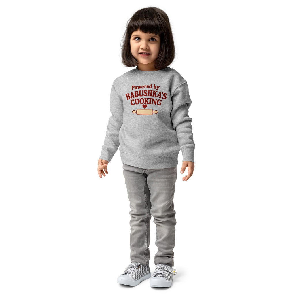 Powered by Babushka’s Cooking Sweatshirt, Russian Grandma Kids Crewneck, Funny Toddler Pullover, Grandchild Gift