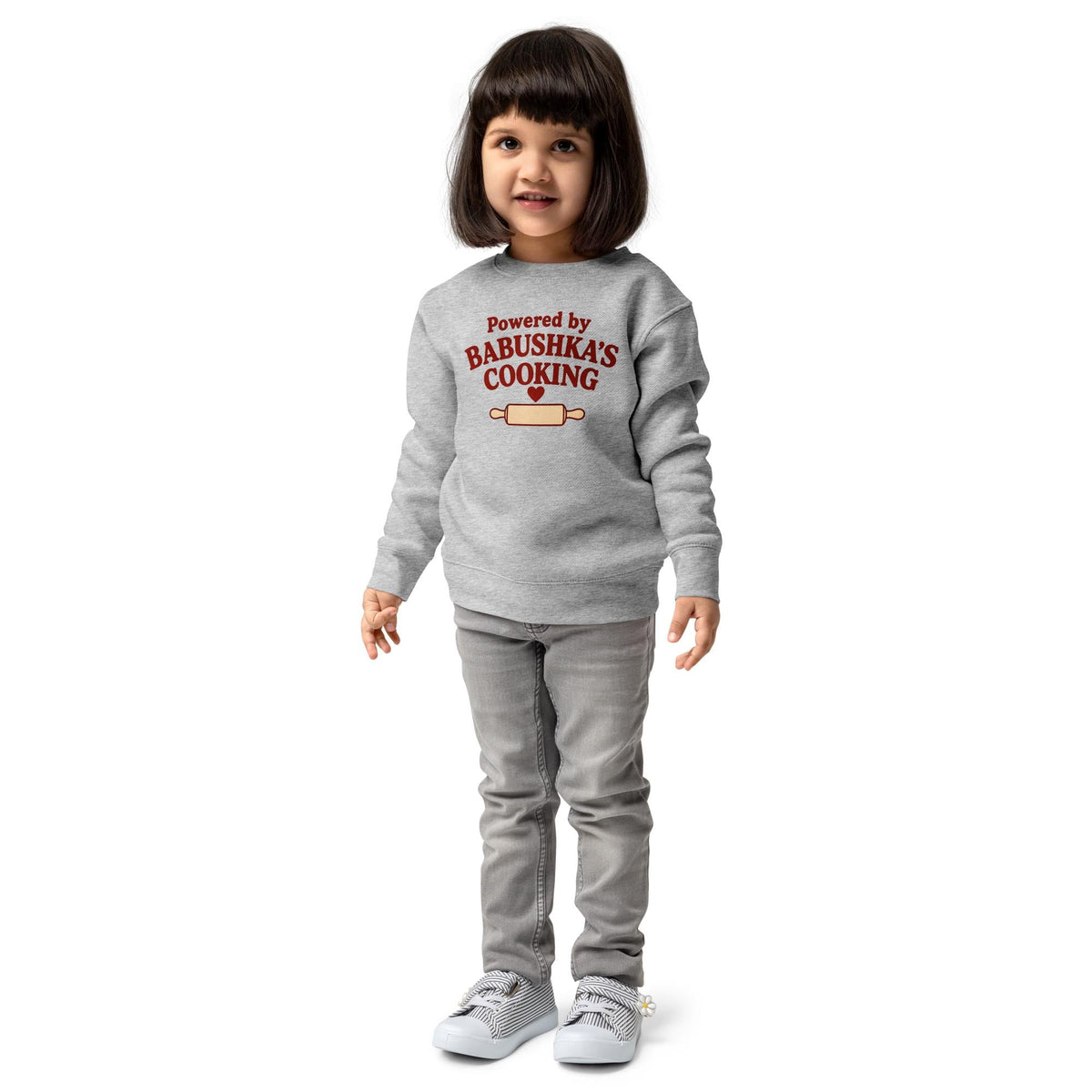 Powered by Babushka’s Cooking Sweatshirt, Russian Grandma Kids Crewneck, Funny Toddler Pullover, Grandchild Gift