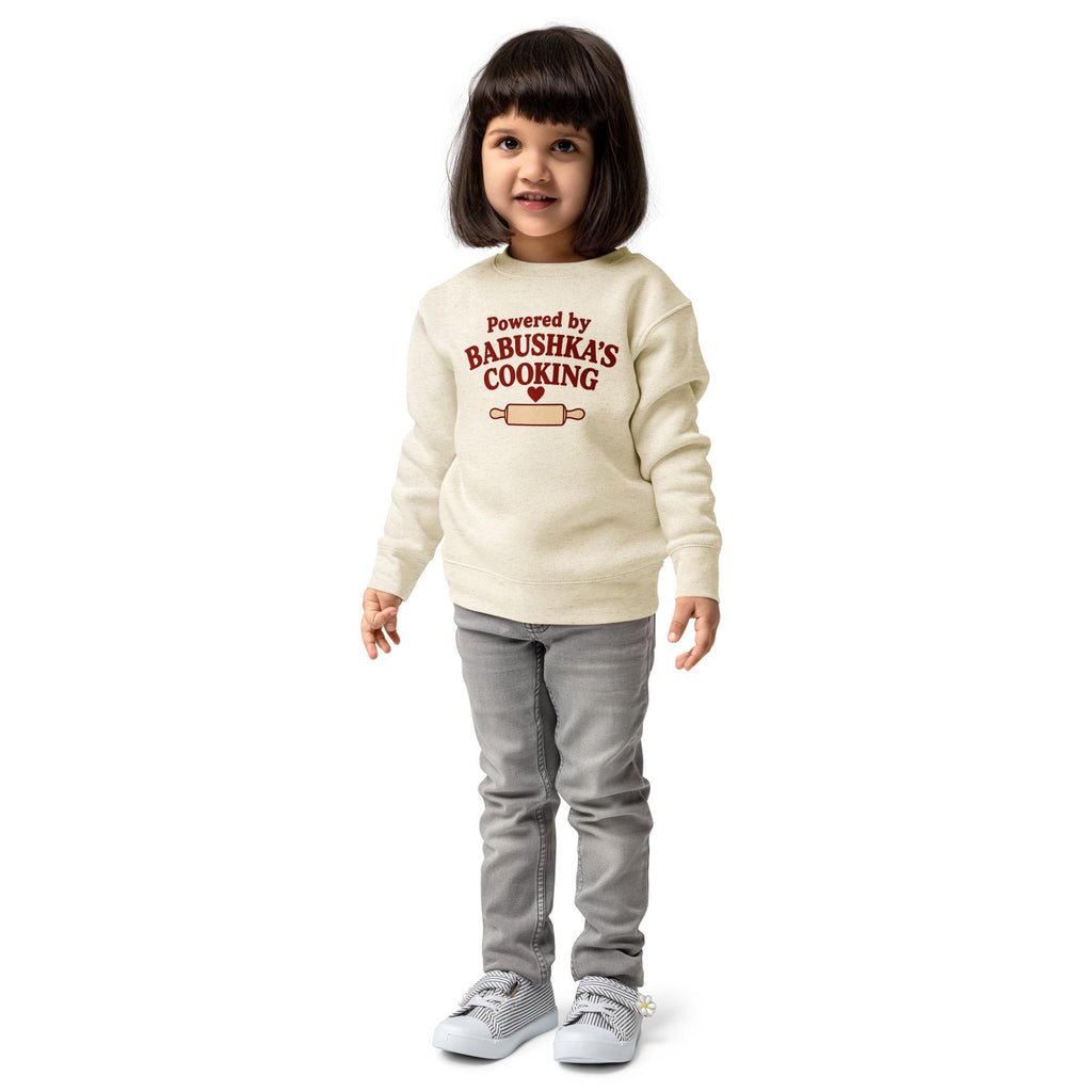 Powered by Babushka’s Cooking Sweatshirt, Russian Grandma Kids Crewneck, Funny Toddler Pullover, Grandchild Gift
