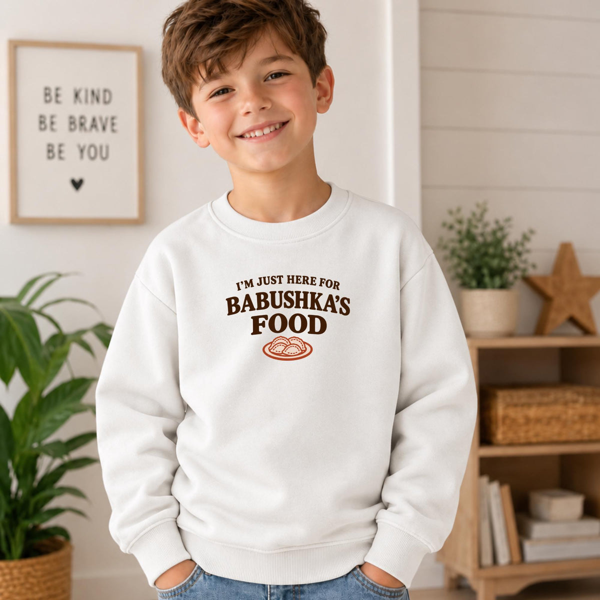 I'm Just Here for Babushka's Food Kids Sweatshirt, Funny Russian Grandmother Sweatshirt, Dumpling Crewneck, Essential Fleece Pullover