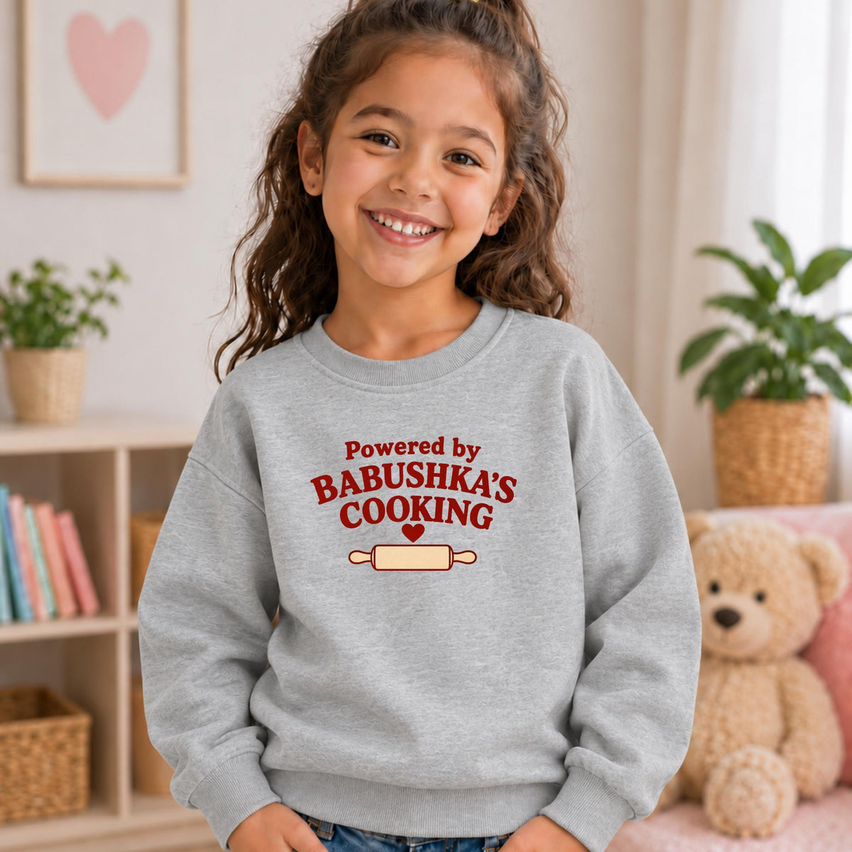 Powered by Babushka’s Cooking Kids Sweatshirt, Russian Grandma Gift, Funny Kids Crewneck, Essential Fleece Pullover, Grandchild Gift