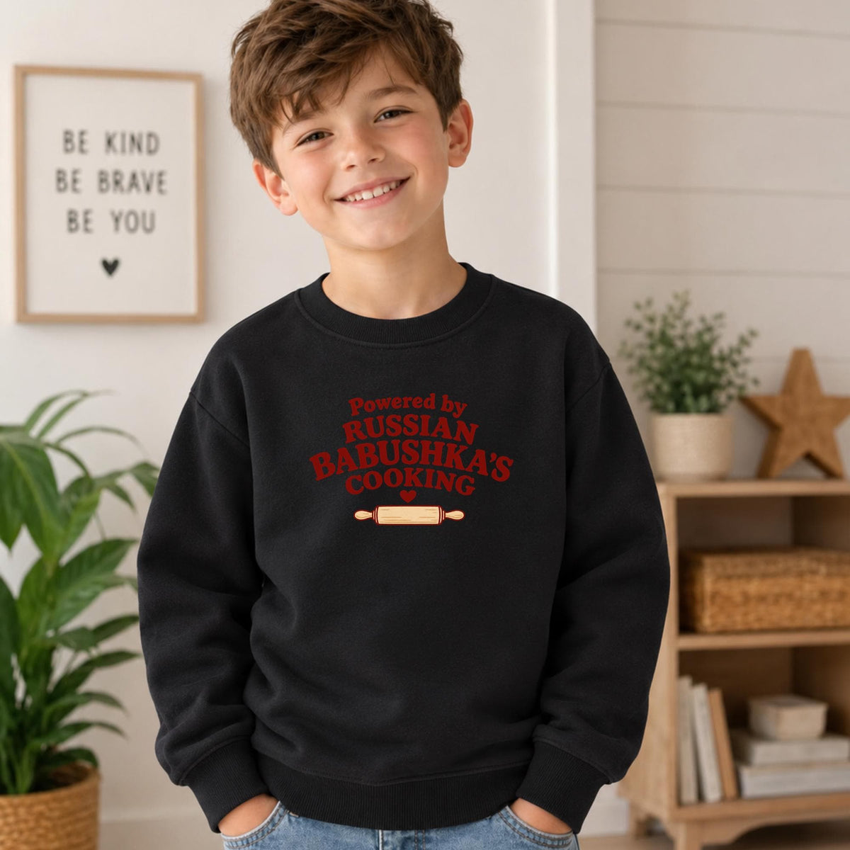 Powered by Russian Babushka’s Cooking Kids Sweatshirt, Funny Russian Grandma Gift, Essential Fleece Crewneck, Grandchild Gift