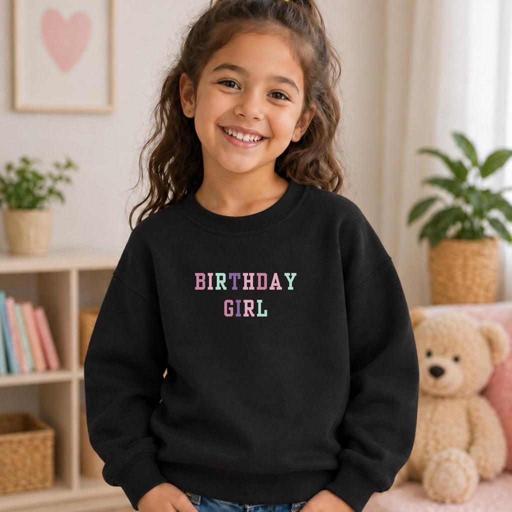 Birthday Girl Sweatshirt, Essential Fleece Kids Crewneck, Pastel Birthday Outfit, Loose Fit Long Sleeve Pullover, Girls Birthday Gift
