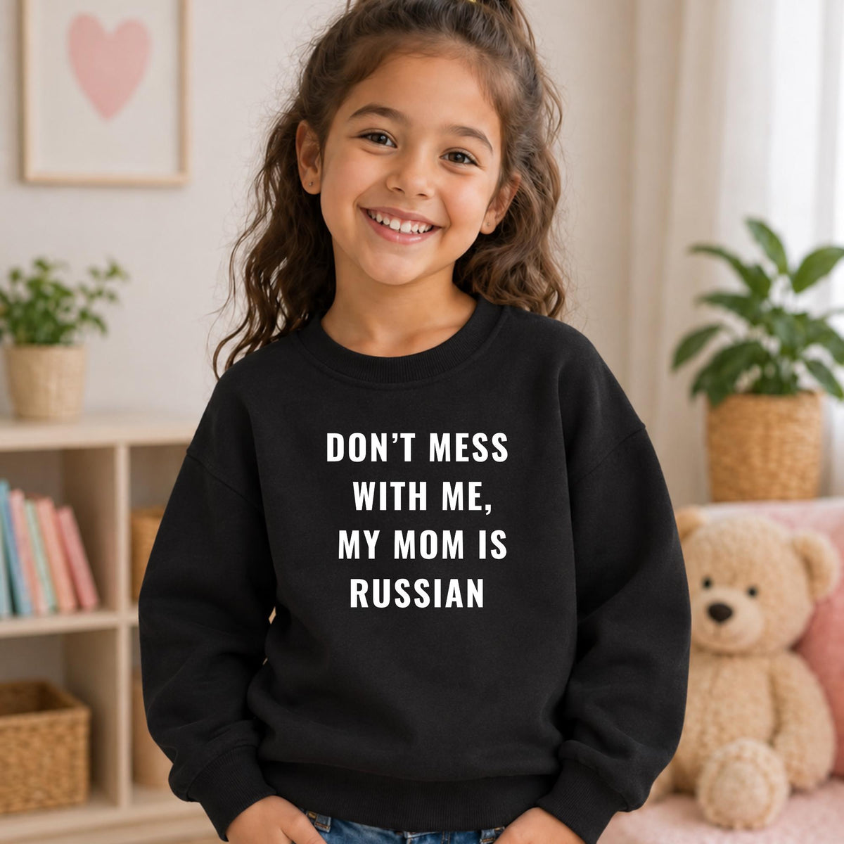 Don't Mess With Me My Mom Is Russian Sweatshirt, Essential Fleece Kids Crewneck, Funny Russian Family Gift, Loose Fit Pullover