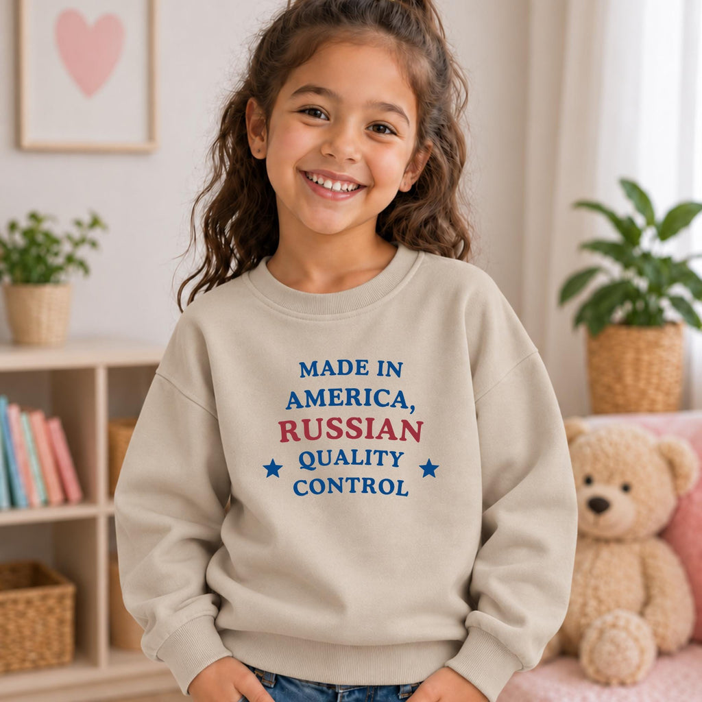 Made in America Russian Quality Control Sweatshirt, Essential Fleece Kids Crewneck, Funny Russian Heritage Gift, Loose Fit Pullover