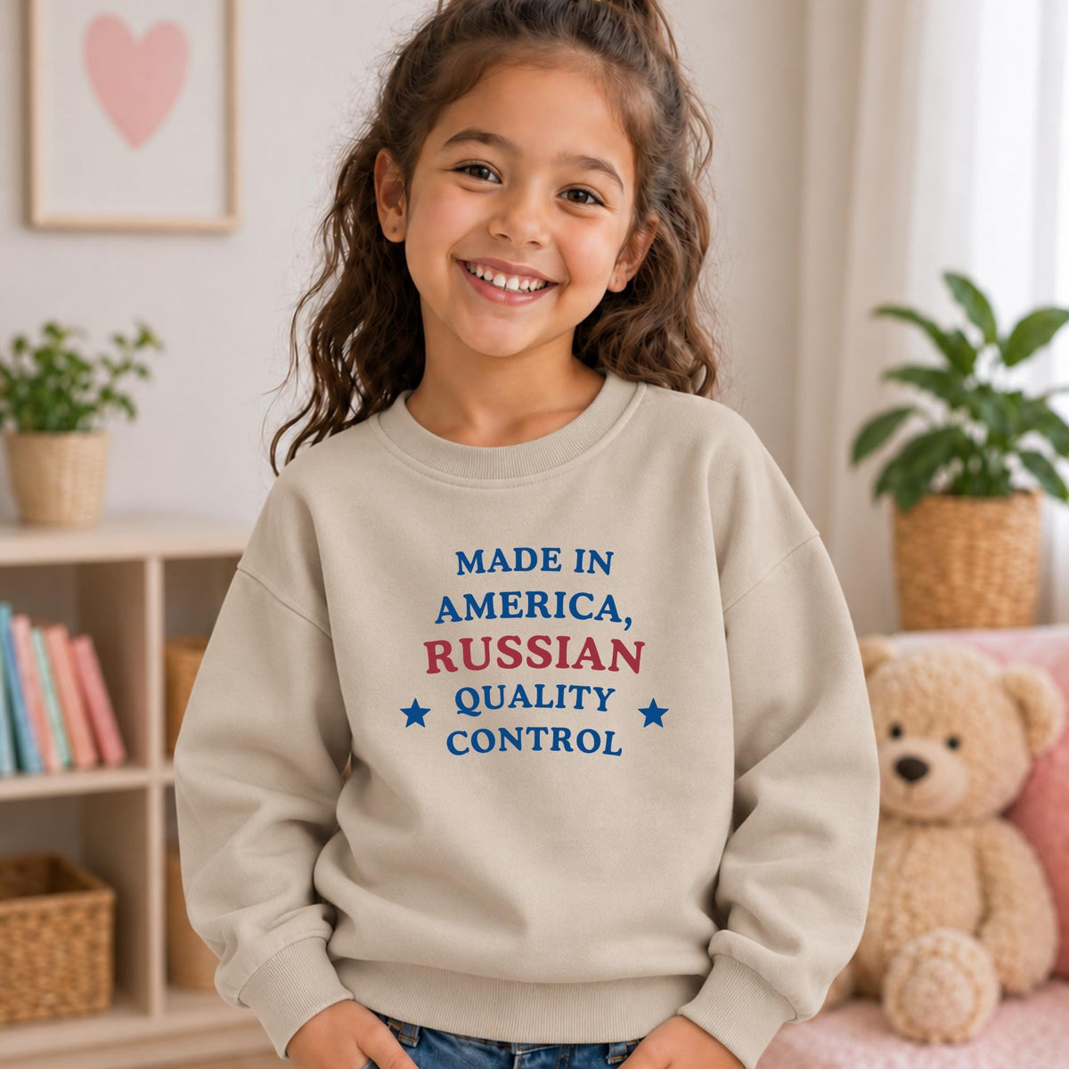 Made in America Russian Quality Control Sweatshirt, Essential Fleece Kids Crewneck, Funny Russian Heritage Gift, Loose Fit Pullover