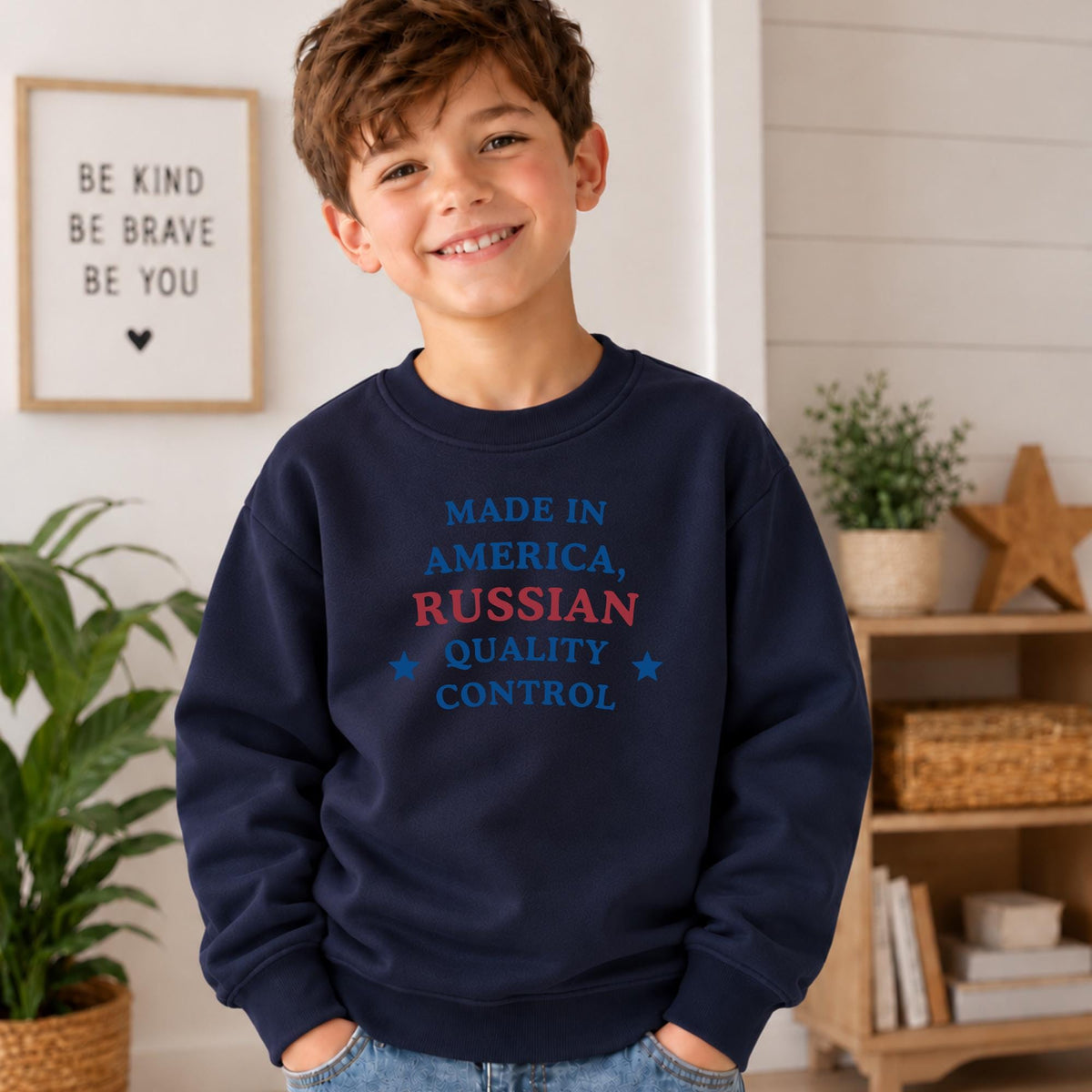 Made in America Russian Quality Control Sweatshirt, Essential Fleece Kids Crewneck, Funny Russian Heritage Gift, Loose Fit Pullover