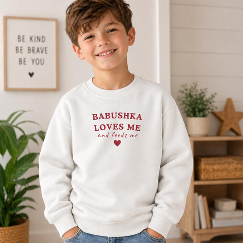 Babushka Loves Me and Feeds Me Sweatshirt, Essential Fleece Kids Crewneck, Russian Grandma Gift, Cute Toddler Pullover