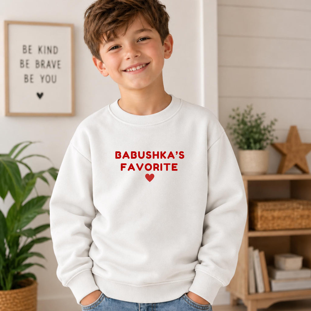 Babushka's Favorite Sweatshirt, Essential Fleece Kids Crewneck, Russian Grandma Gift, Red Heart Toddler Pullover, Loose Fit Kids Top