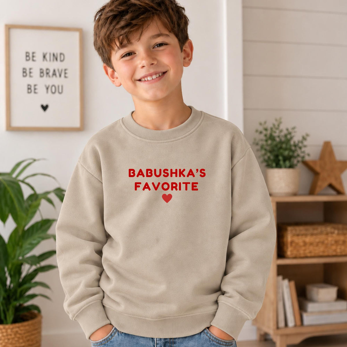 Babushka's Favorite Sweatshirt, Essential Fleece Kids Crewneck, Russian Grandma Gift, Red Heart Toddler Pullover, Loose Fit Kids Top