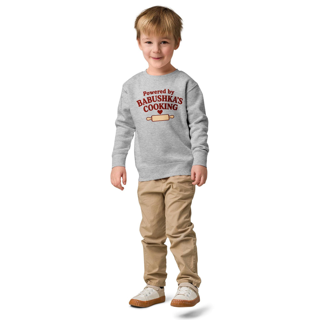 Powered by Babushka’s Cooking Sweatshirt, Russian Grandma Kids Crewneck, Funny Toddler Pullover, Grandchild Gift