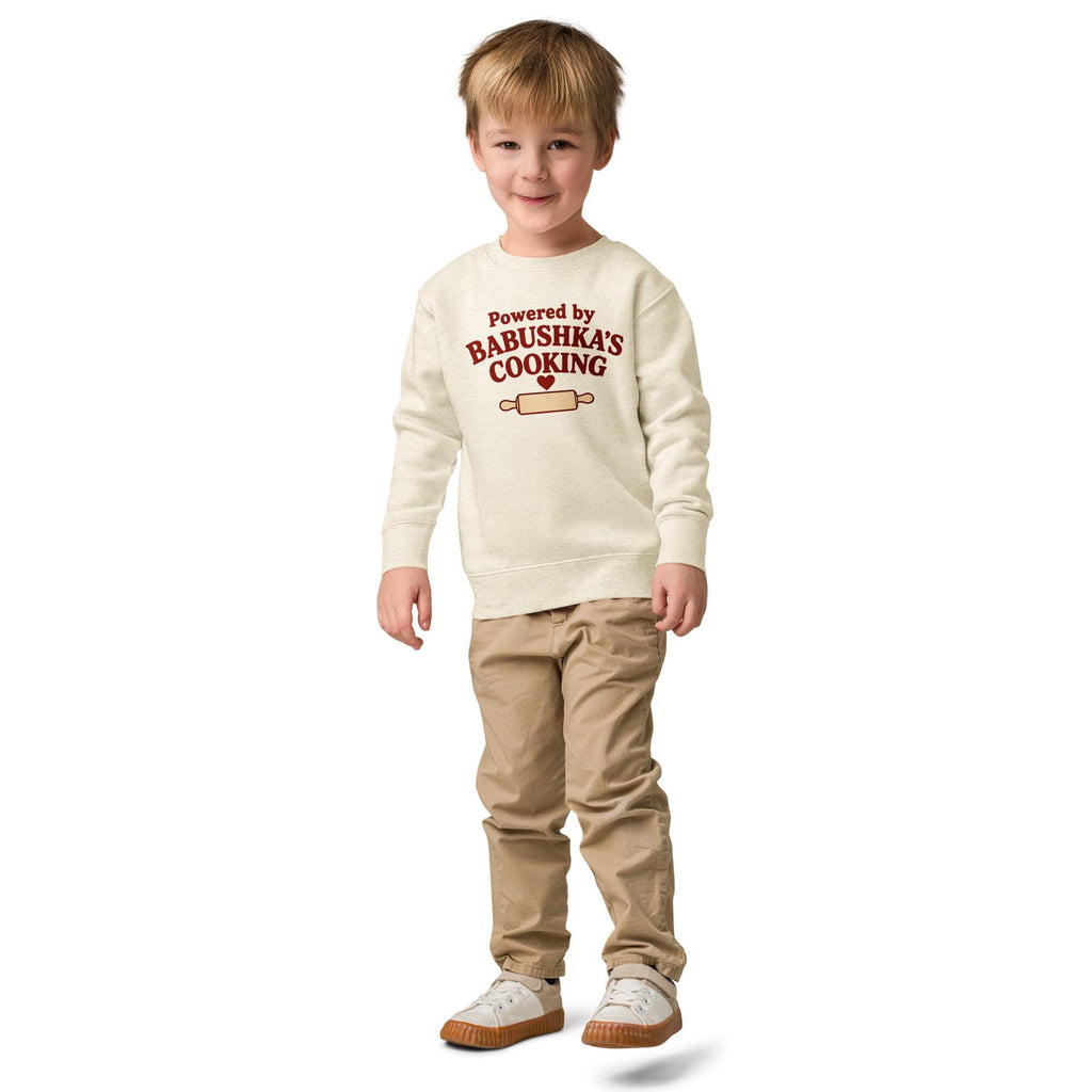 Powered by Babushka’s Cooking Sweatshirt, Russian Grandma Kids Crewneck, Funny Toddler Pullover, Grandchild Gift