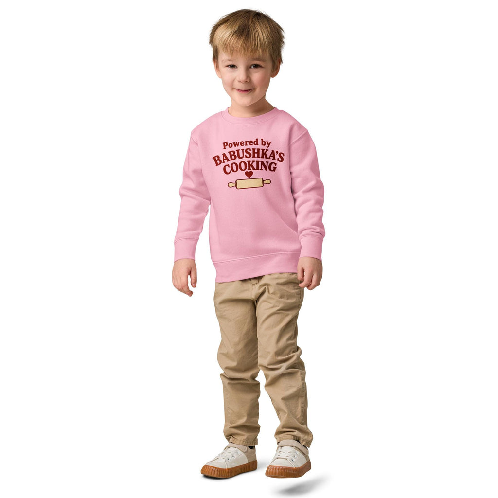 Powered by Babushka’s Cooking Sweatshirt, Russian Grandma Kids Crewneck, Funny Toddler Pullover, Grandchild Gift