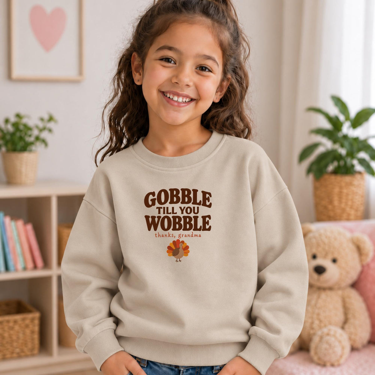 Gobble Till You Wobble Kids Sweatshirt, Funny Thanksgiving Turkey Sweatshirt, Thanks Grandma Fall Crewneck, Essential Fleece Pullover
