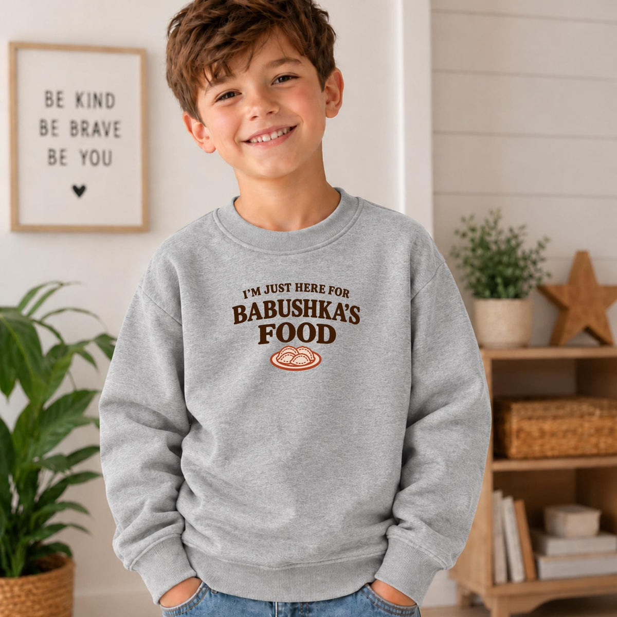 I'm Just Here for Babushka's Food Kids Sweatshirt, Funny Russian Grandmother Sweatshirt, Dumpling Crewneck, Essential Fleece Pullover