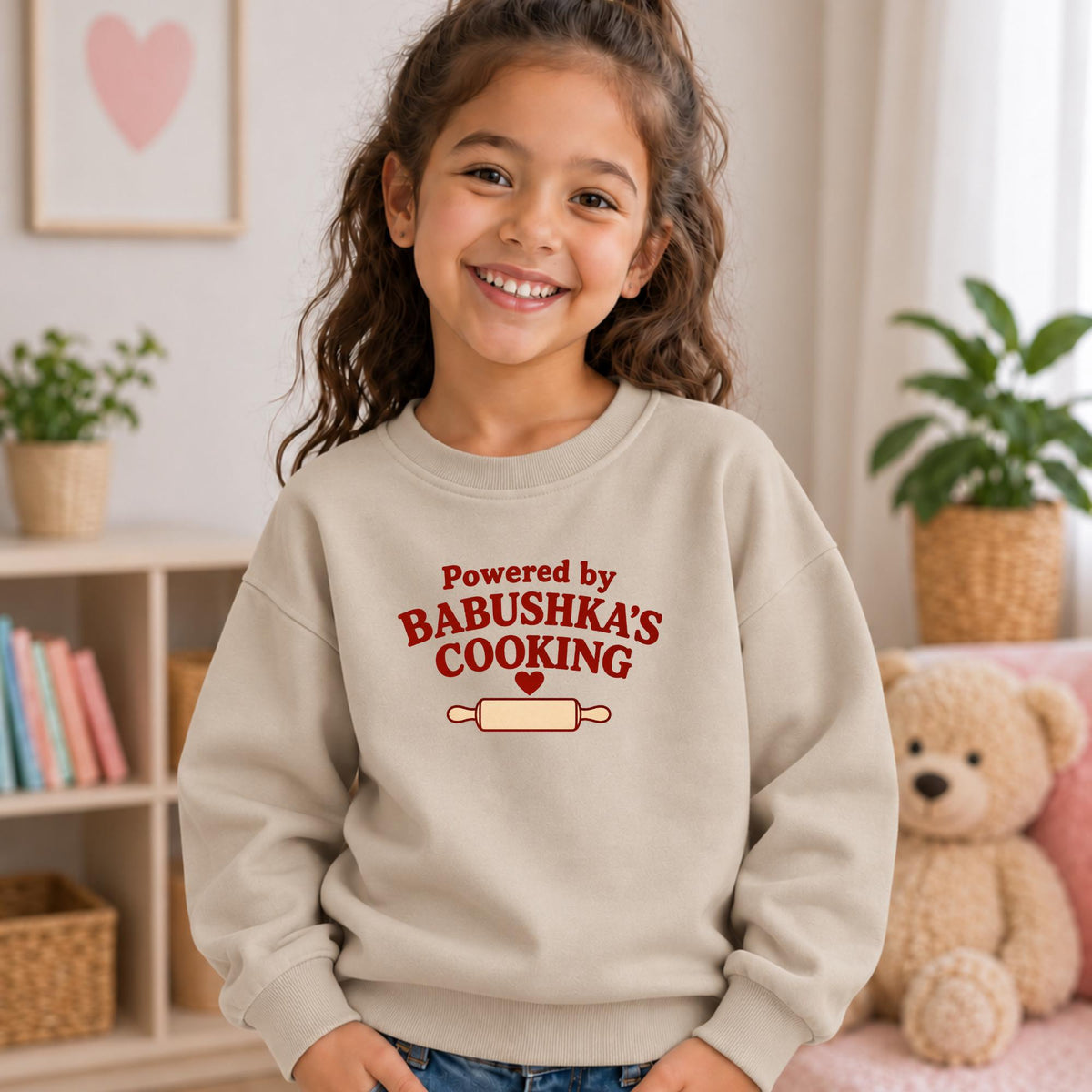Powered by Babushka’s Cooking Kids Sweatshirt, Russian Grandma Gift, Funny Kids Crewneck, Essential Fleece Pullover, Grandchild Gift