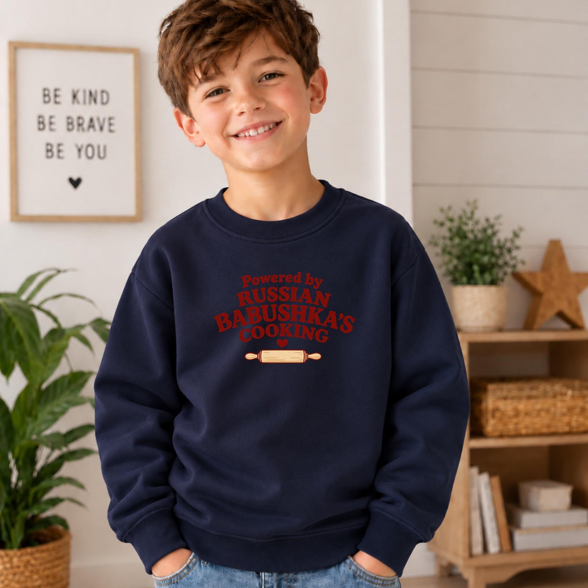Powered by Russian Babushka’s Cooking Kids Sweatshirt, Funny Russian Grandma Gift, Essential Fleece Crewneck, Grandchild Gift