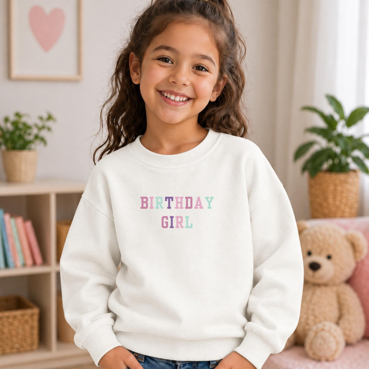 Birthday Girl Sweatshirt, Essential Fleece Kids Crewneck, Pastel Birthday Outfit, Loose Fit Long Sleeve Pullover, Girls Birthday Gift