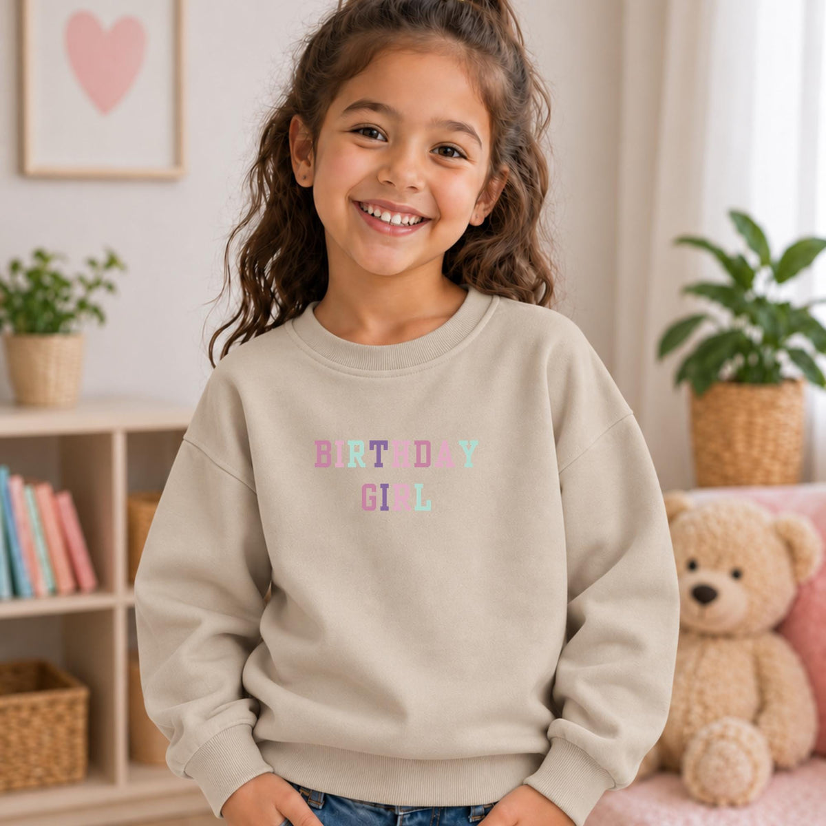 Birthday Girl Sweatshirt, Essential Fleece Kids Crewneck, Pastel Birthday Outfit, Loose Fit Long Sleeve Pullover, Girls Birthday Gift